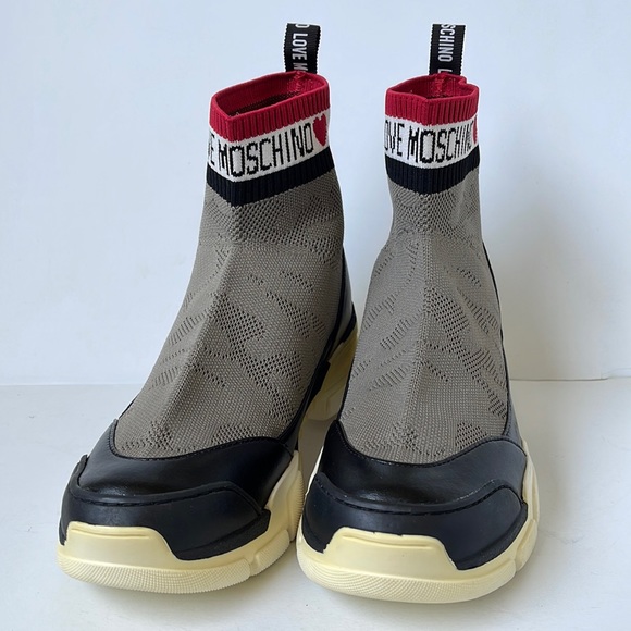 LOVE MOSCHINO Jacquard knit-paneled faux leather high-top sneakers US9 IT39 - Picture 4 of 10
